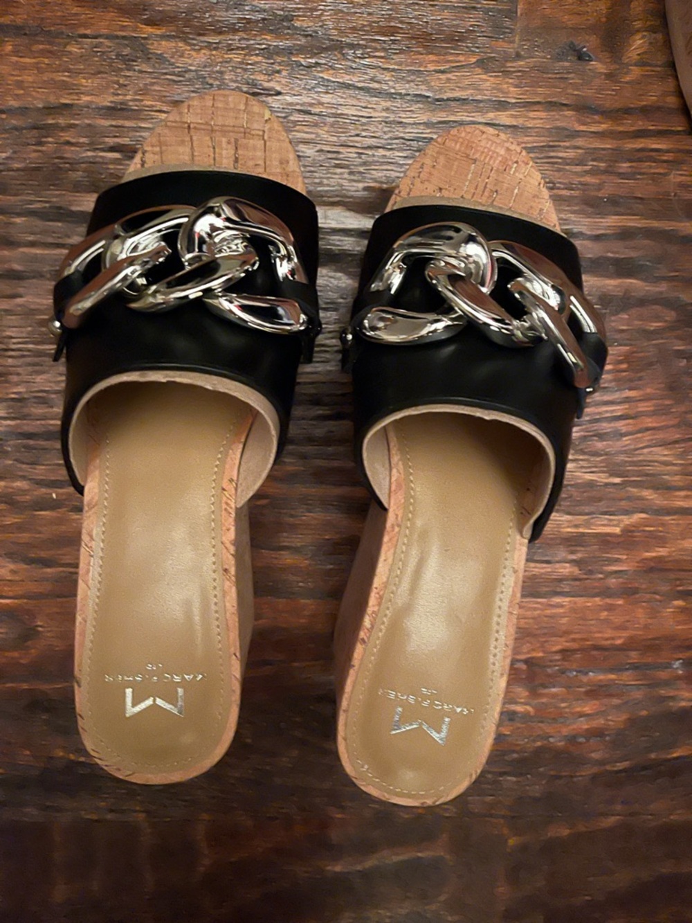 Marc Fisher Black Slide Mules with Silver Chain Accent
